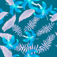 Fototapeta na wymiar Blue Tropical Textile. Cobalt Seamless Painting. Lavender Pattern Palm. Azure Floral Painting. Violet Flower Leaves. Purple Decoration Texture. Drawing Plant.