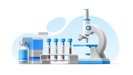3d cartoon illustration with microscope, blood test tubes with rack, coronavirus vaccine bottle pack. Isolated realistic vector template for medical design. Prevention pandemic. Laboratory research