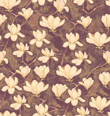 Seamless pattern with white blooming magnolia on a dark background, painted with watercolor