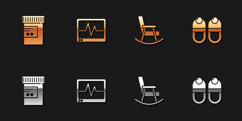 Set Medicine bottle and pills, Monitor with cardiogram, Rocking chair and Slippers icon. Vector