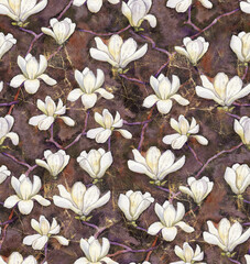 Seamless pattern with white blooming magnolia on a dark background, painted with watercolor