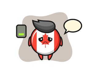 canada flag badge mascot character doing a tired gesture