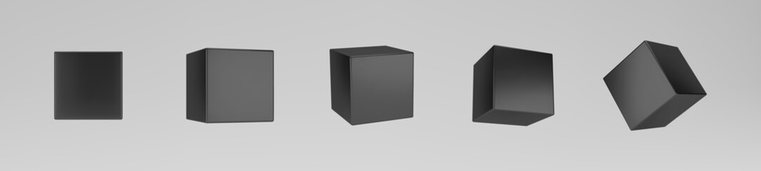 Black 3d modeling cubes set with perspective isolated on grey background. Render a rotating 3d box in perspective with lighting and shadow. 3d basic geometric shape vector illustration
