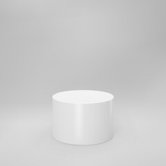 White 3d cylinder front view with perspective isolated on grey background. Cylinder pillar, empty museum stage, pedestal or product podium. 3d basic geometric shape vector illustration