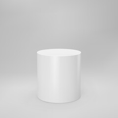 White 3d cylinder front view with perspective isolated on grey background. Cylinder pillar, empty museum stage, pedestal or product podium. 3d basic geometric shape vector illustration