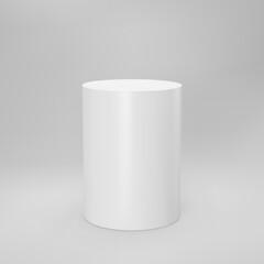 White 3d cylinder front view with perspective isolated on grey background. Cylinder pillar, empty museum stage, pedestal or product podium. 3d basic geometric shape vector illustration
