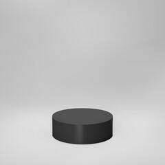 Black 3d cylinder front view with perspective isolated on grey background. Cylinder pillar, empty museum stage, pedestal or product podium. 3d basic geometric shape vector illustration
