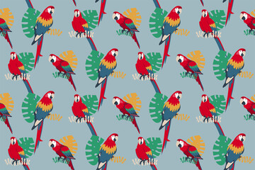 Seamless pattern with parrots and tropical leaves, fashion, wallpaper, textile, fabric design