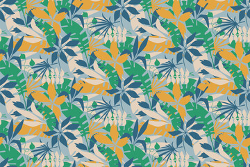 Fototapeta na wymiar Seamless pattern with simple hand drawn tropical leaves