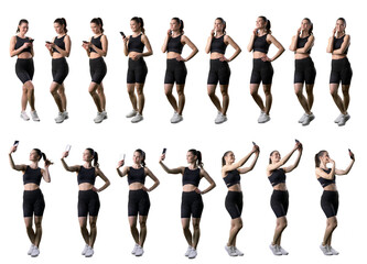 Collection of sporty fit woman using cell phone talking or taking selfies photographs. Full body isolated on white background. 