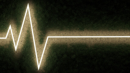 Illuminated Heartbeat Line over Cracked Soil with a Grassy Background 3D Rendering
