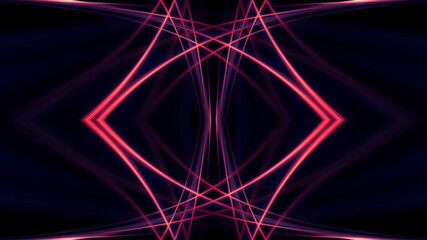 Dark abstract background with neon lines, geometric shapes and rays. Multi-color neon light. Night view, movement of light, symmetrical reflection of neon. 3D illustration 