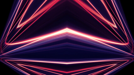 Dark abstract background with neon lines, geometric shapes and rays. Multi-color neon light. Night view, movement of light, symmetrical reflection of neon. 3D illustration 