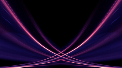 Dark abstract background with neon lines, geometric shapes and rays. Multi-color neon light. Night view, movement of light, symmetrical reflection of neon. 3D illustration 