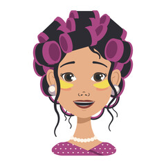 Avatars with different emotions. Girl with pink curlers and yellow patches. Fashion avatar in flat vector art