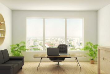 Office interior with big window. 3d illustration