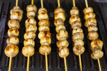 champignon kebab on wooden skewers grilled delicious appetizer