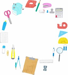 クレヨン画の文房具丸フレーム