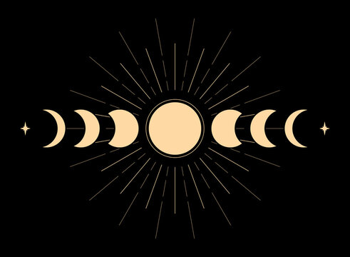 Moon phases in vintage style. Vector illustration. Line art