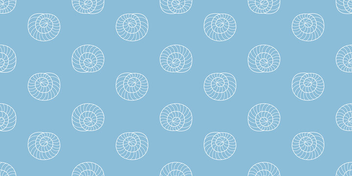 Summer seamless shell pattern. Marine background. Vector illustration with shells. Outline shells on a blue background.