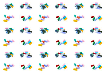 spools of thread sewing pattern blue, green and yellow on a white isolated background