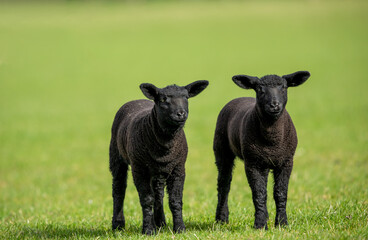 Lambs. Close up of two cute, inquisitive twin black  lambs in Springtime.  Facing forward in green...