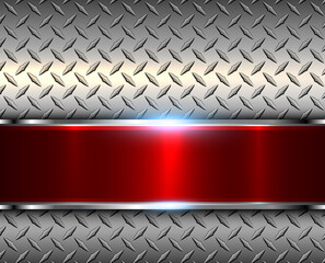 Technology metal background, 3D elegant shiny metallic design with diamond plate pattern, and red glossy banner, vector illustration.