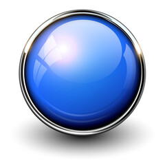 Button 3D blue with chrome metallic elements, shiny vector design for web.