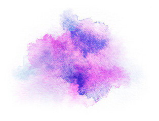 Abstract purple blue watercolor on white background. Hand drawn color splashing isolated on white paper.