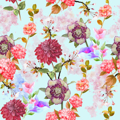 Colorful watercolor purple flowers seamless pattern on background