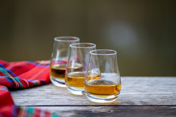 Tasting glasses of scotch whisky strong drink and red Scottisch tartan on old outdoor table with forest lake on background