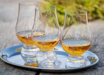 Tasting glasses of scotch whisky strong drink on old outdoor wooden table