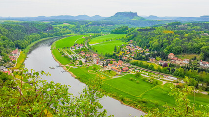 The picturesque town of Rathen, located on the banks of the river Elbe. Saxon Switzerland, Germany