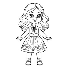 Cute cartoon girl elegant dress with ornament and bolero outline for coloring on a white background