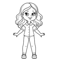 Fototapeta na wymiar Cute cartoon girl in casual blouse with short sleeves and denim jeans outline for coloring on a white background