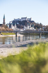 Salzburg spring time: Panoramic city landscape with Salzach with green grass and historic district