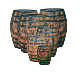 oak barrel dark brown from large to small stands on a white isolated background