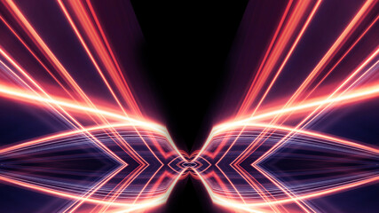 Dark abstract background with neon lines, geometric shapes and rays. Multi-color neon light. Night view, movement of light, symmetrical reflection of neon. 3D illustration 