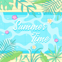 Fototapeta na wymiar Summer pool background for summer sale ad. Vector illustration with poll surface, flowers and tropical leaves scene. Summer Holiday Design Template for Banner, Poster. Water surface pool sale layout.