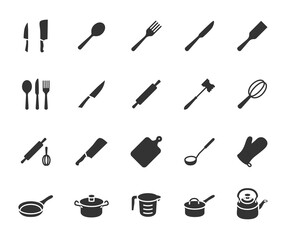 Fototapeta na wymiar Vector set of kitchen utensils flat icons. Contains icons knife, spoon, fork, frying pan, saucepan, rolling pin, kettle and more. Pixel perfect.