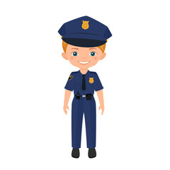Cute boy character in police uniform isolated on white background. Flat cartoon style