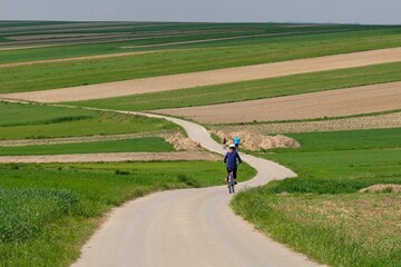 Silhouettes of cyclists on a winding road between beautiful colored fields situated on the hills