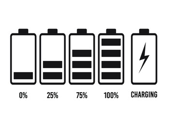Set of battery charge level indicator in percent. Eps10 vector illustration.