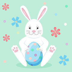 Easter card with a rabbit, flowers and an egg. A fun children's illustration.