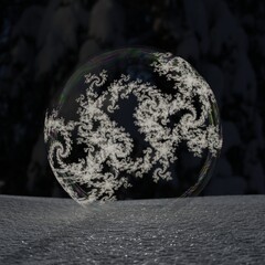 Frozen soap bubble and fractals math at winter, outddors, 3D rendering,
