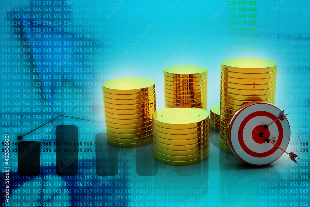 Poster 3d rendering gold coins with target