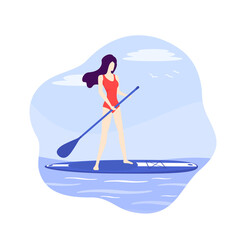 Girl on a sup board with paddle, vector