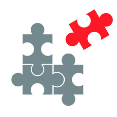 Obraz premium Four puzzle pieces, one red and three gray, abstract symbol icon isolated on a white background, flat design style. Eps10 vector illustration.