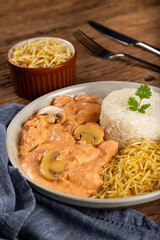 Delicious chicken stroganoff with mushrooms.