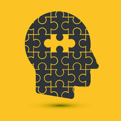 Icon of human head with piece of puzzle. Eps10 vector illustration.